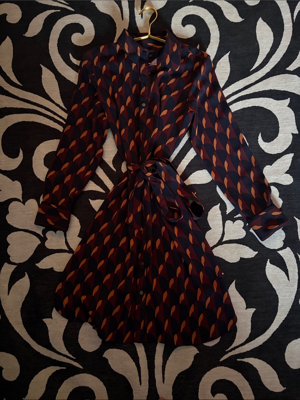 Ann Taylor Navy and Rust Printed Long-Sleeve Shirt Dress